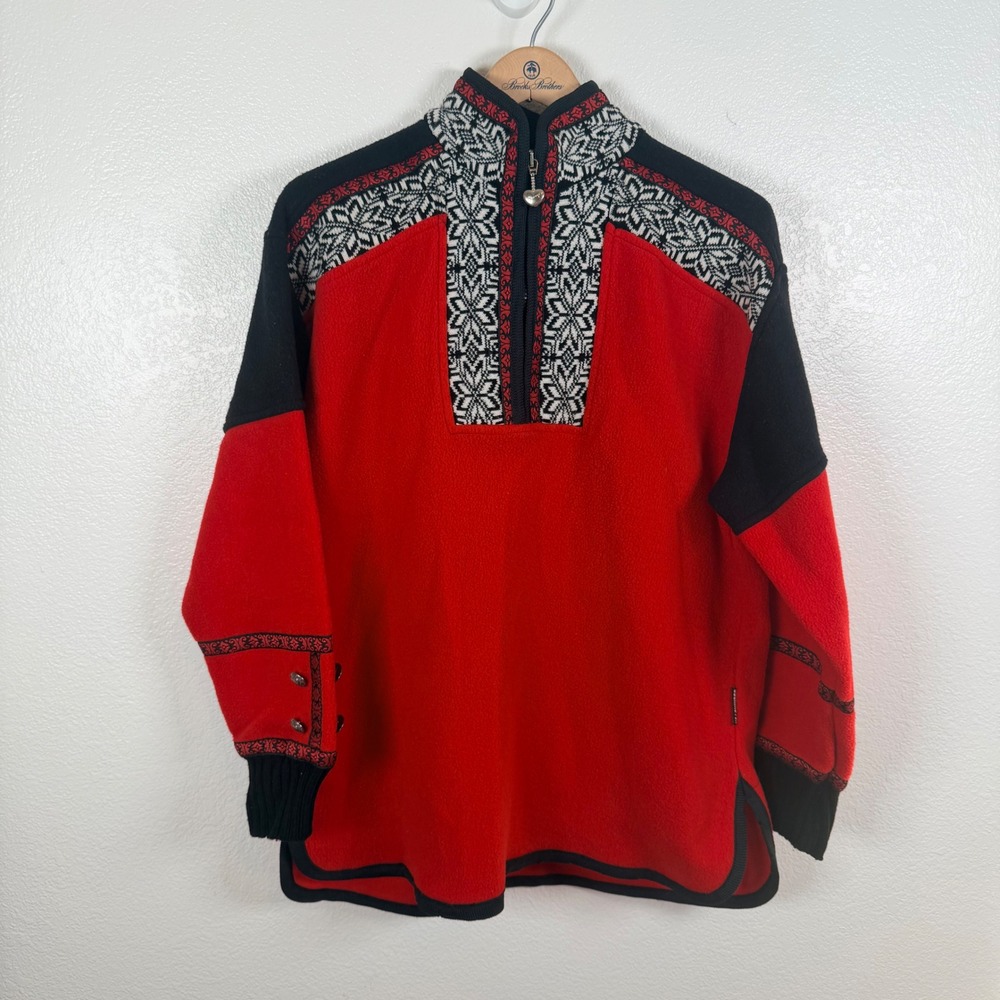Obermeyer Vtg Fleece Pullover Red Black Nordic Fair Isle Heart Zipper Pull XL
